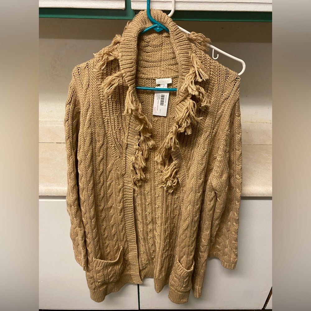 Chicos sparkle gold fringe cardigan Sz 3 NWT